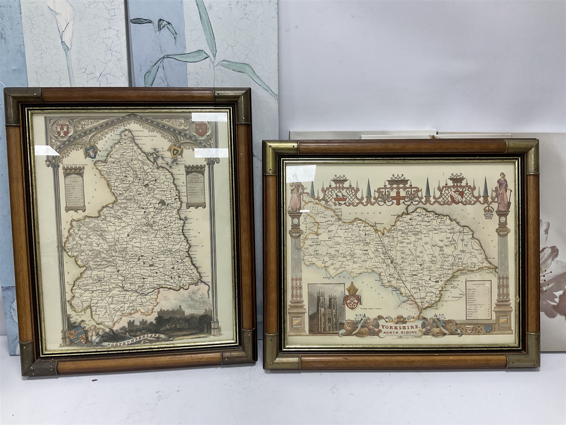 Andrew Gilmour; 'Ribblehead to Hawes' and 'Hag Dyke', three framed maps, together with three canvas flower prints, etc