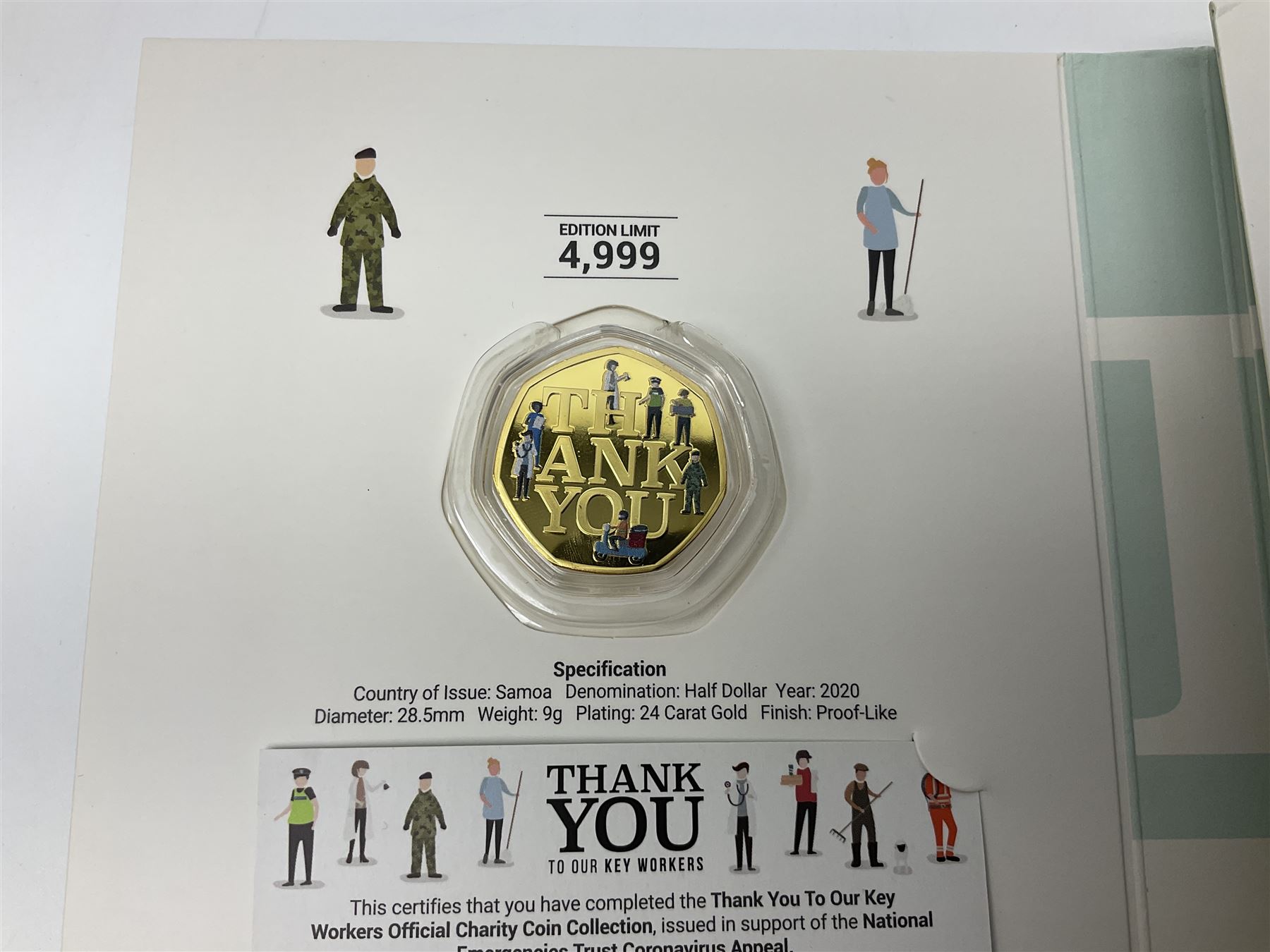'Thank You To Our Key Workers Official Charity Coin Collection' comprised of fourteen Queen Elizabeth II Samoa half dollar coins including one minted in fine silver, the others being plated, housed in the official folder
