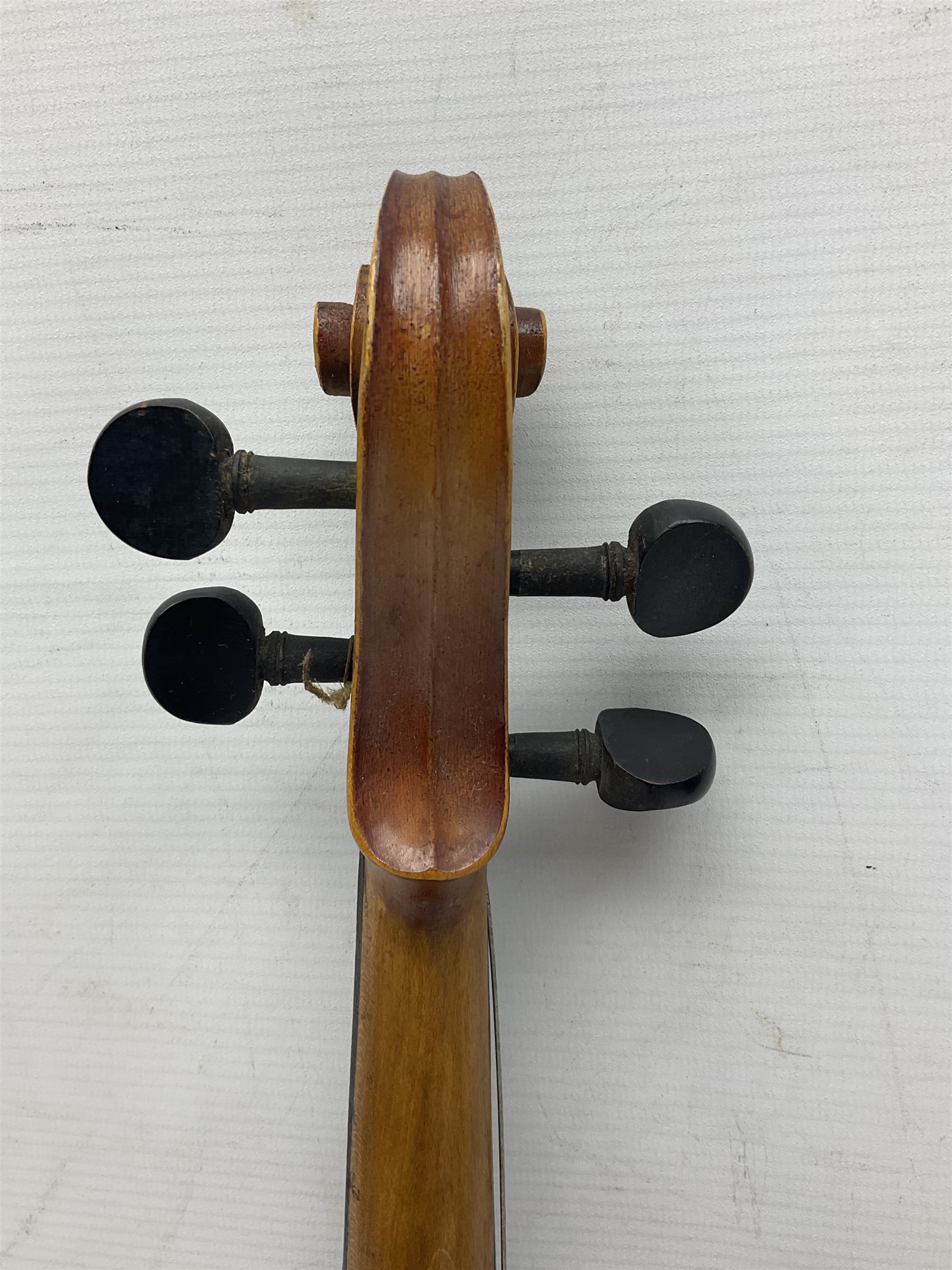 Saxony (?) violin c1950 with 36cm two-piece maple back and ribs and spruce top; bears label 'The Maidstone School Orchestra Association' L59cm overall; and 1950s Czechoslovakian violin for restoration; both in carrying cases (2)