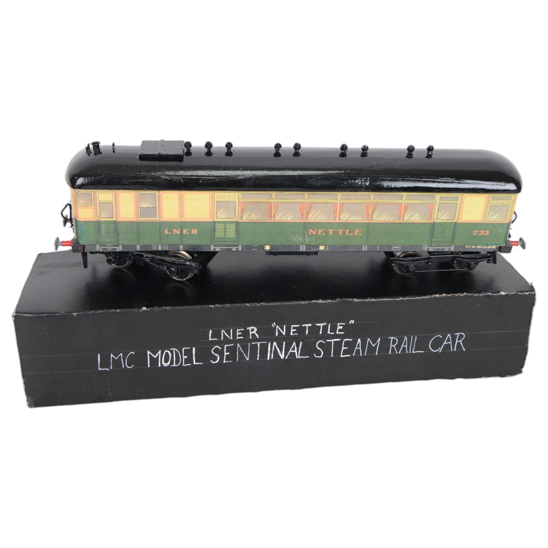 Two Leeds Model Company (LMC) 0 gauge LNER Sentinel steam railcars, each finished in LNER cream and green with lithographed paper sides on wooden body, one finished as Nettle no. 233 and the other as Waterwitch no. 220