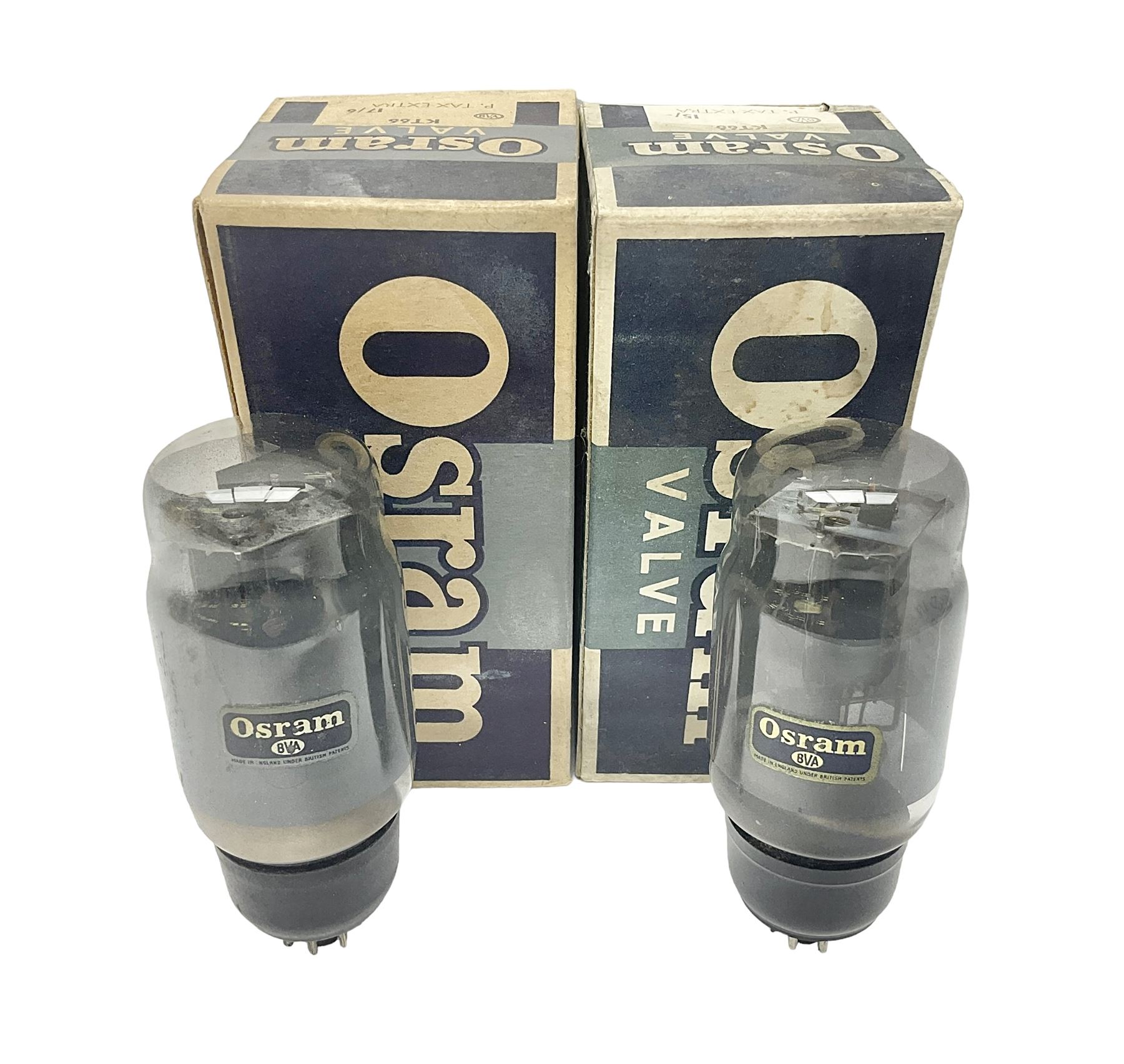 Two Osram thermionic radio valves/vacuum tubes KT66, in original boxes