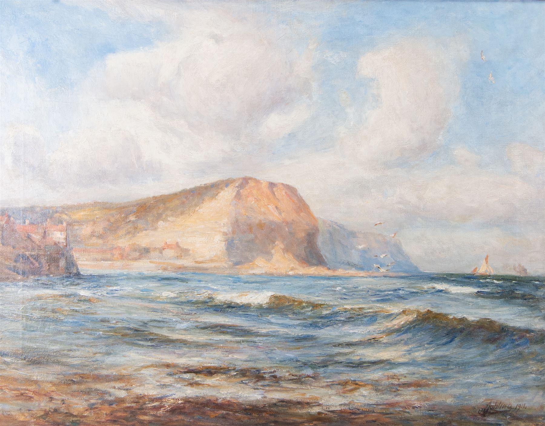 Robert Jobling (Staithes Group 1841-1923): 'Cowbar Nab - Yorkshire Coast', oil on canvas signed and dated 1914, original title label verso 71cm x 91cm 
Provenance: exh. Artists Belgian Relief Fund, Newcastle 1914, presented by the artist, label verso