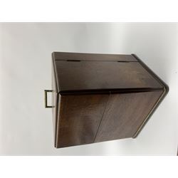 19th century mahogany travelling apothecary cabinet, with recessed brass carry handle to top, and two deep-section hinged doors to the front opening to reveal a fitted interior with clear glass bottles and two drawers, H27cm