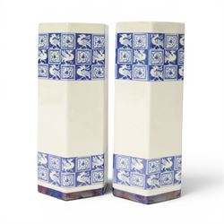 Pair of 1920's Art Deco Royal Doulton lustreware hexagonal vases, with boards of checkerbo...