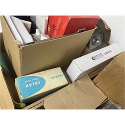 Large collection of projectors and equipment, to include Alphaxia Gnome projector, Kodak Brownie projector, slide containers, projector screen, etc, in six boxes