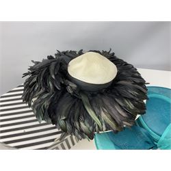 Collection of ladies occasional hats to include a pink Victoria Ann example with twirl and feather decoration to the side, Mitzi Lorenz teal hat decorated with lilies, two pale blue Capelli Condici hats etc, with hat boxes (6)