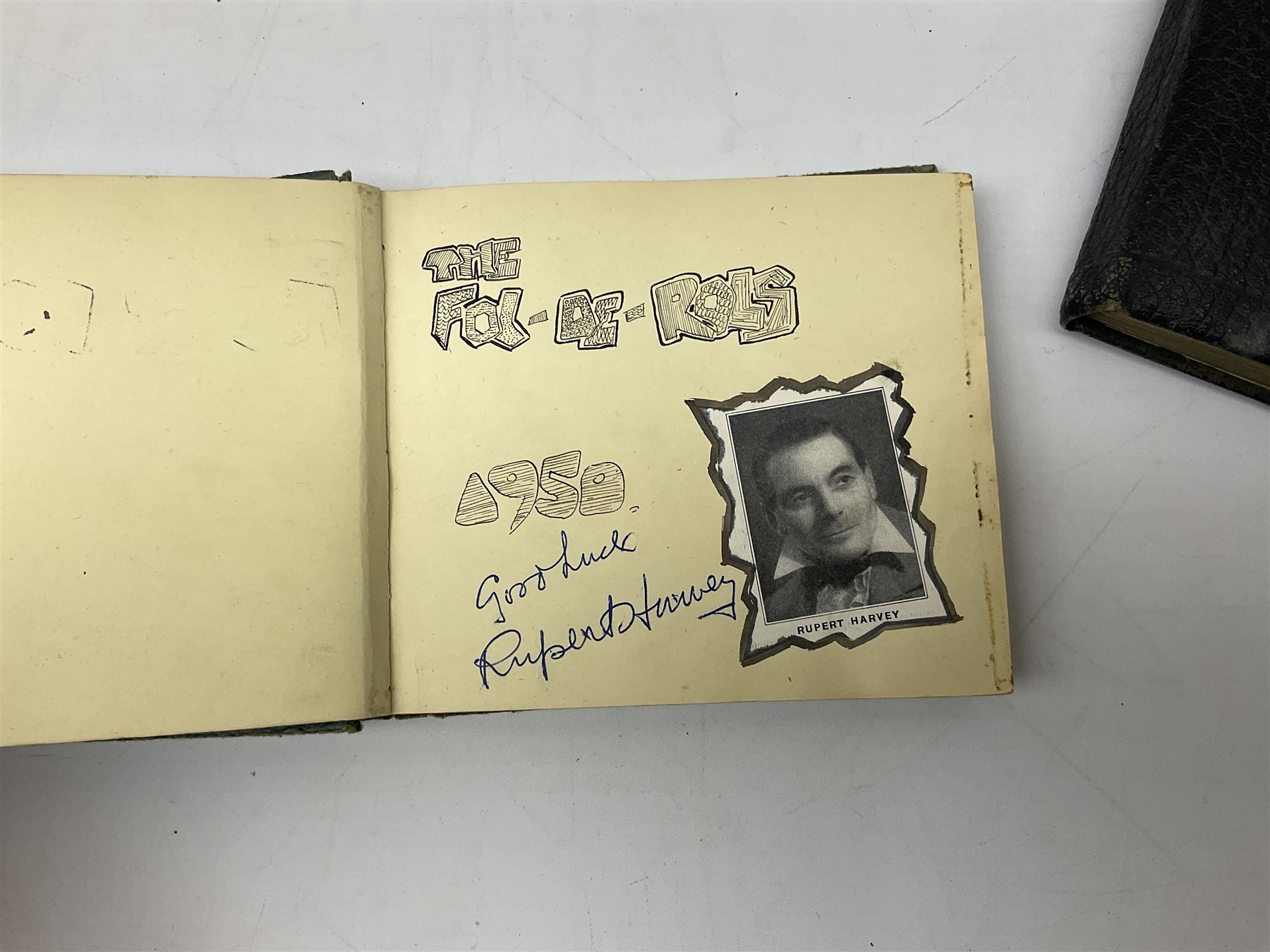 2 autograph albums, containing signatures including Harry Corbett Sooty, Dave Morris, Marion Saunders, Max Bygraves and signed photographs, quantity of postcards depicting the Lords Prayer and playing cards in case