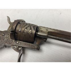 19th century Belgian 7mm pin-fire six-shot revolver with engraved action, folding trigger and ornate grips, ELG proof marks, No.4562 L20cm