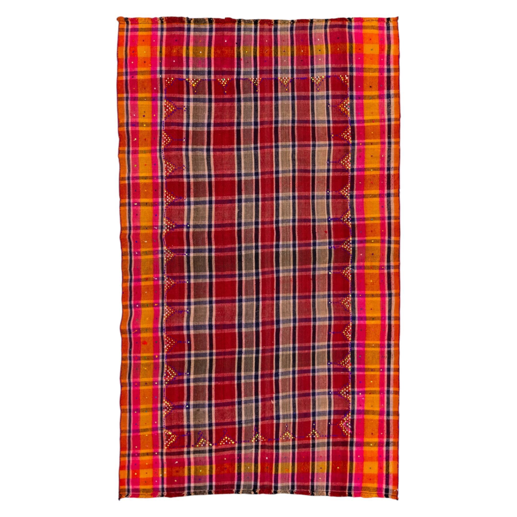 South West Persian Jajim kilim, field woven with a plaid design of intersecting bands in shades of red, terracotta, pink, and ochre, flanked by contrasting side panels decorated with small geometric tribal motifs the decoration incorporating raised wool details against flatwoven ground  
