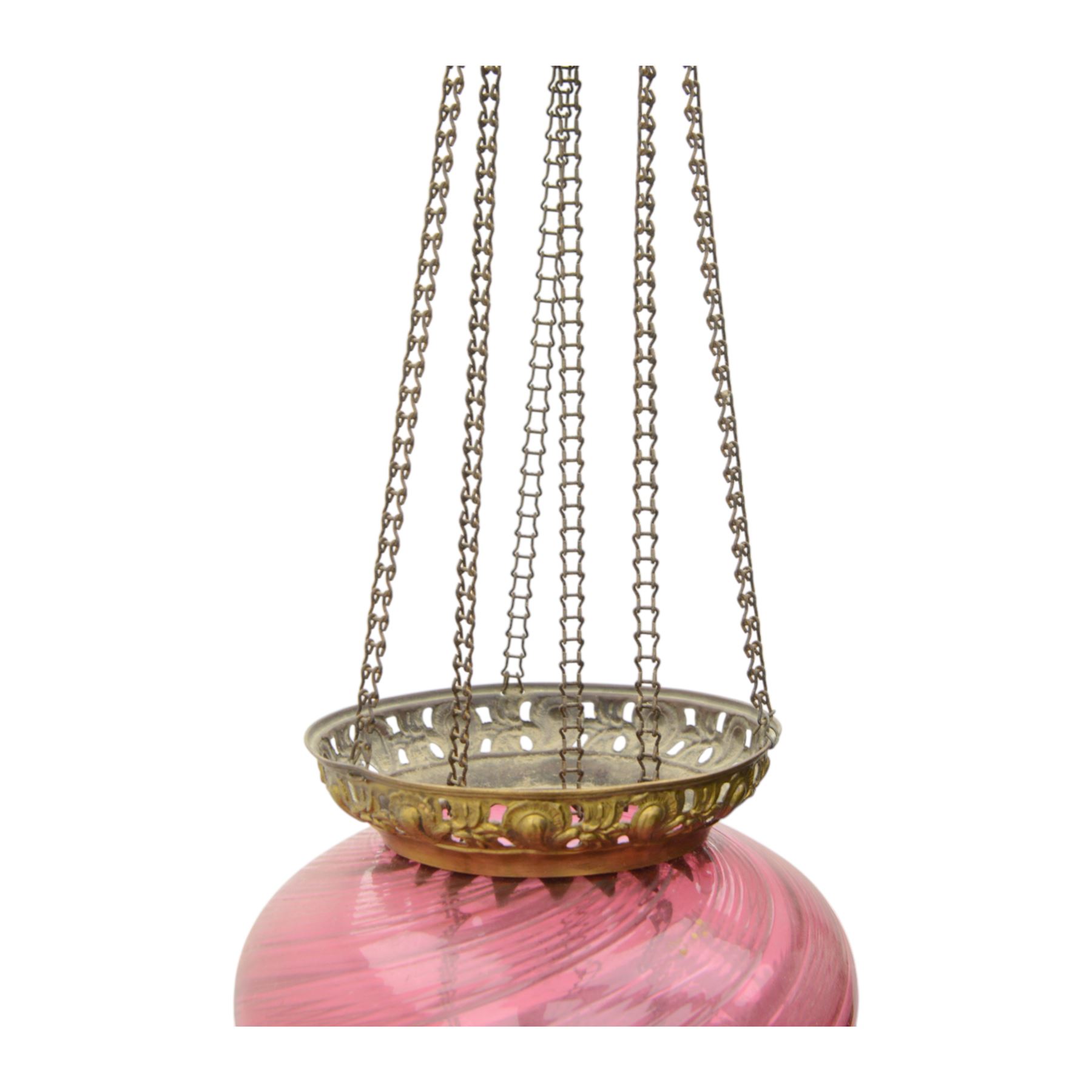Cranberry glass ceiling oil lamp, of waisted form with metal mounts, 