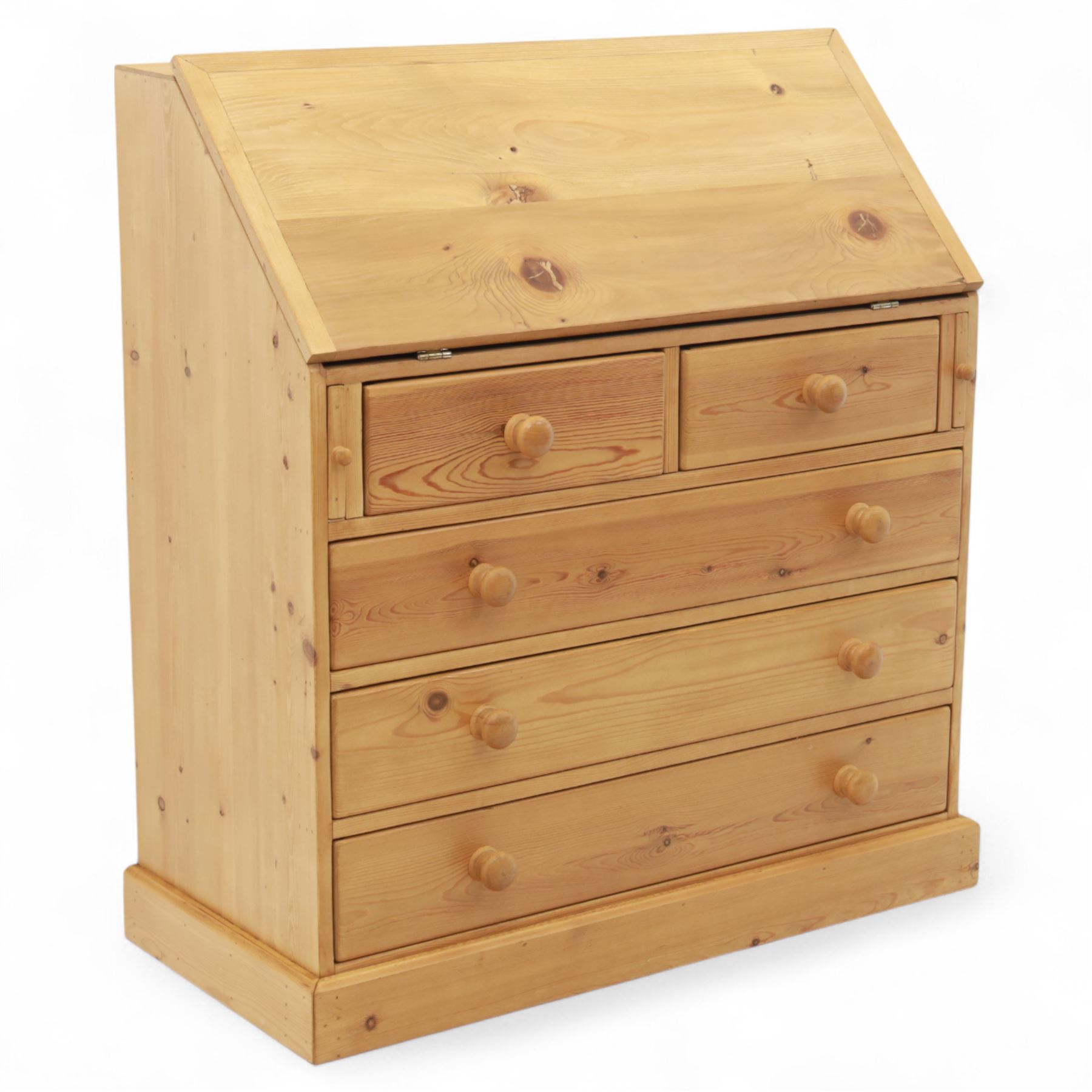 Contemporary waxed pine bureau, fall front enclosing fitted interior with pigeonholes and drawers, over two short and three long drawers with turned wooden knobs, on plinth base