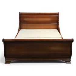 And So To Bed - 5' king size cherrywood sleigh bed, shaped scroll headboard and footboard with rounded cylindrical top rails, panelled boards and moulded side rails, on short bracket feet