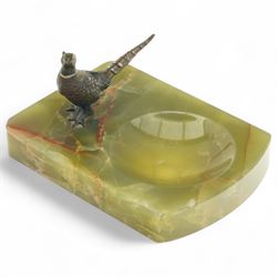 Early 20th century green onyx ashtray, surmounted by a cold painted bronze pheasant, W14cm