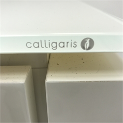  Calligaris gloss white sideboard, glass top, three cupboards enclosing glazed shelves, W193cm, H75cm, D52cm  