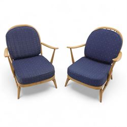 Ercol - Model '203', pair of easy chairs, with blue upholstered cushions and additional or...