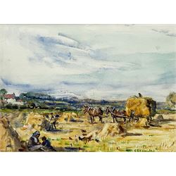 Rowland Henry Hill (Staithes Group 1873-1952): The Summer Harvest Field near Ellerby with Children in the foreground, watercolour signed and dated 1927, 23.5cm x 32.5cm