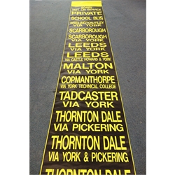  McKennaglo bus destination roller by McKenna Bros. dated March 2000 in high viz yellow on a black ground naming various Yorkshire towns including Scarborough, Bridlington, York, Leeds, Malton, Whitby, Thornton Dale, Tadcaster etc 80cm x 7.6m  