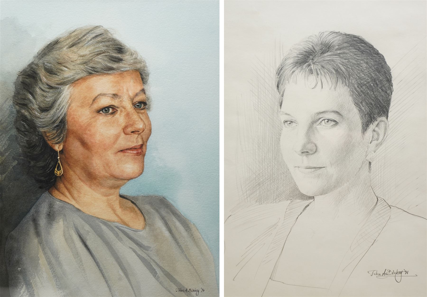 John A Blakey (British 1952-): Portrait of a Lady, watercolour and pencil sketch signed and dated '86 and '91 max 40cm x 30cm (2)