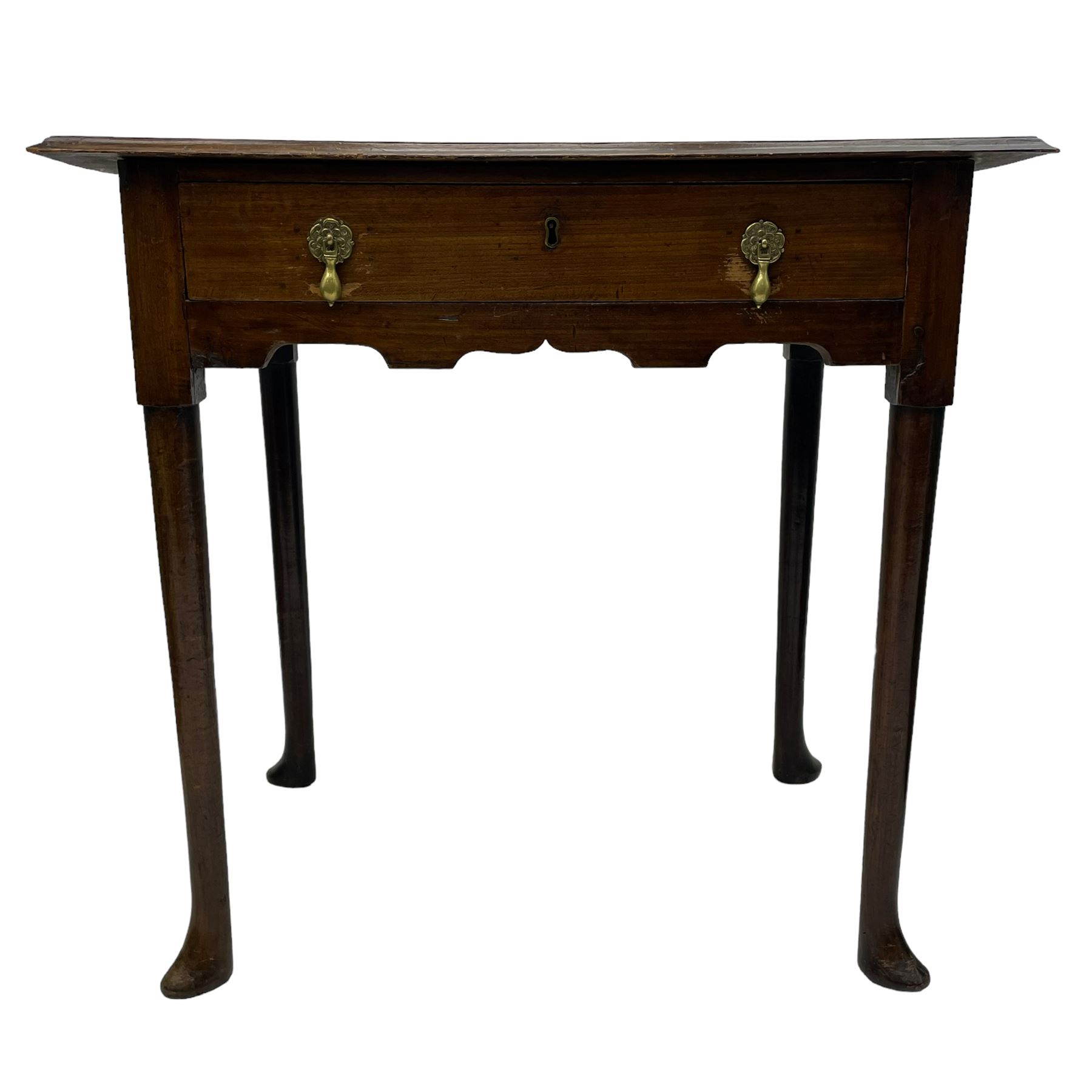 George III oak and elm low-boy, rectangular top with moulded edge, fitted with single drawer cast brass drop handles, shaped apron over cabriole supports terminating in pointed feet