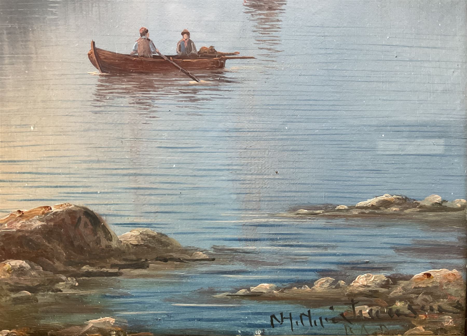 Nils Hans Christiansen (Denmark 1850-1922): Day and Eventide on the Fjords, pair oils on board signed 40cm x 22cm (2)