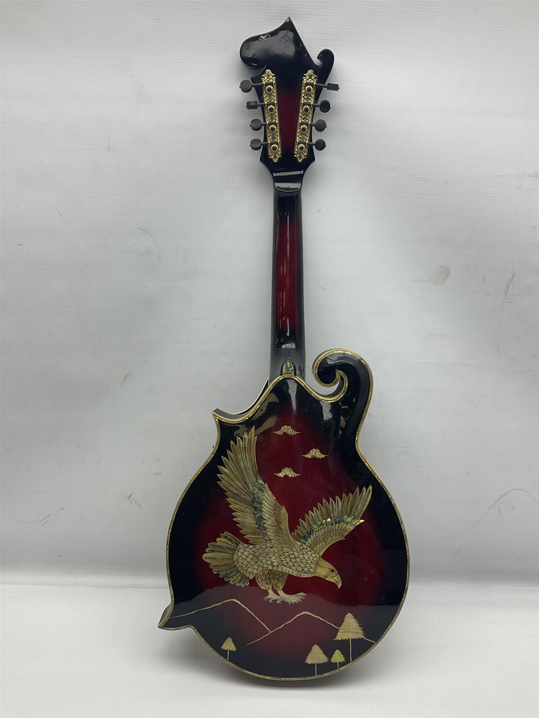 Eastern eight-string mandolin with red sunburst finish and mother-of-pearl inlay of eagles, clouds, trees etc L86cm; in fitted hard carrying case