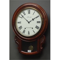  Victorian style walnut drop dial wall clock, twin train movement, striking on bell, dial signed 'J.Faiss, Doncaster', H57cm  
