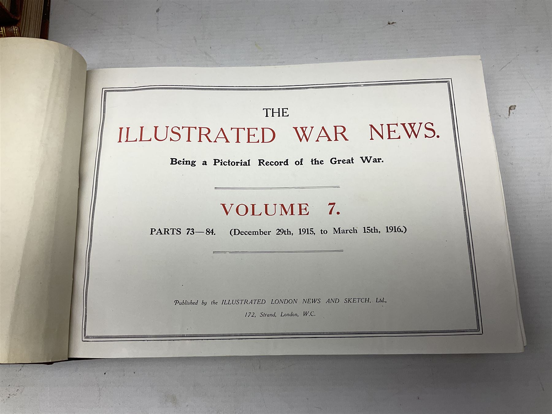 The Illustrated War News - Being a Pictorial Record of the Great War. Parts 1 -96 August 12th 1014 - June 7th 1916 uniformly bound in eight oblong quarto volumes with half-leather/gilt binding. Published by The Illustrated London News (8)