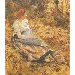 Herbert Moxon Cook (British 1844-1928): Portrait of a Girl amongst Autumn Leaves, watercolour signed 21cm x 18cm