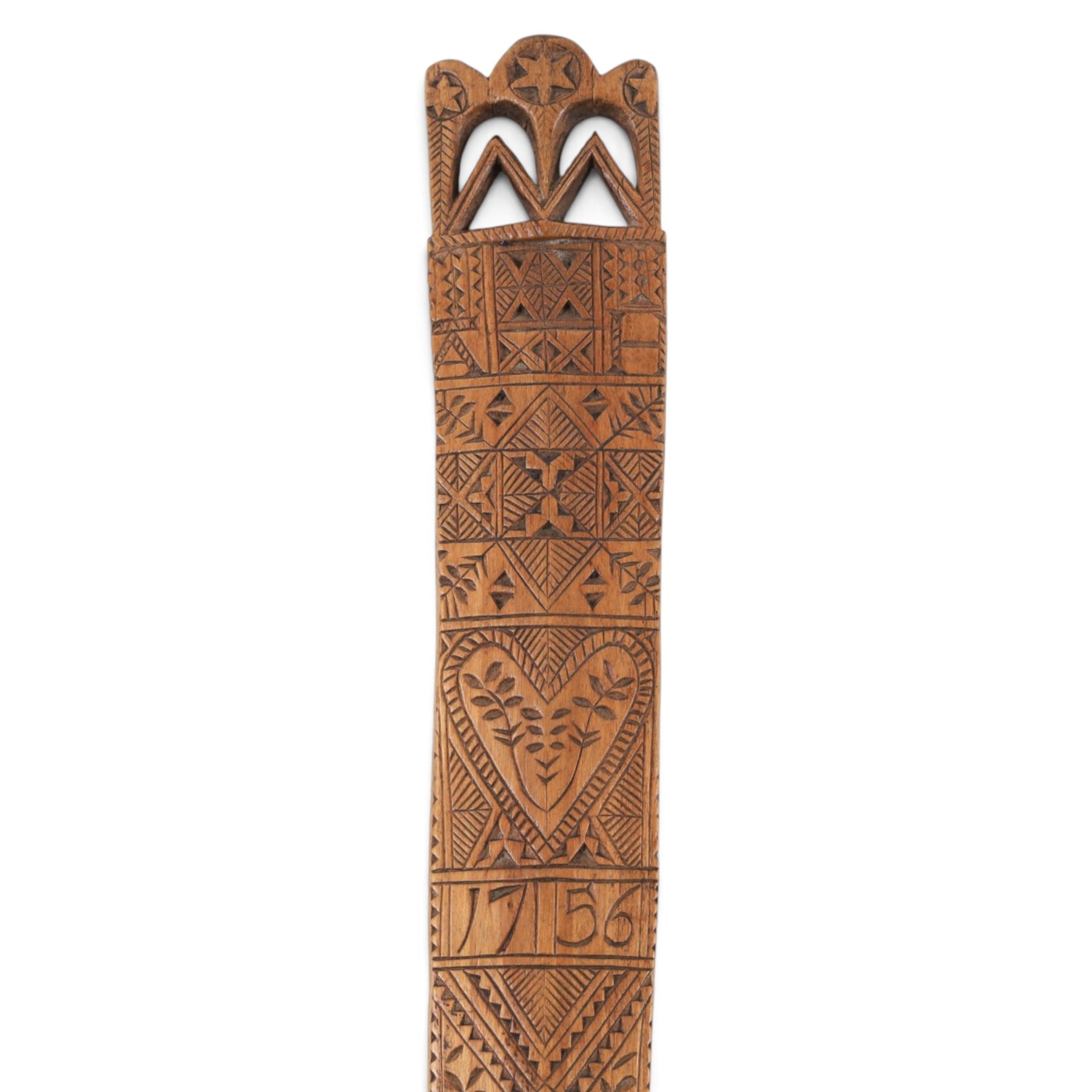 Treen carved a stay busk, dated 1756, the decorated with geometric boarded and foliate sprigs, with pierced top finished with three stars, H37cm