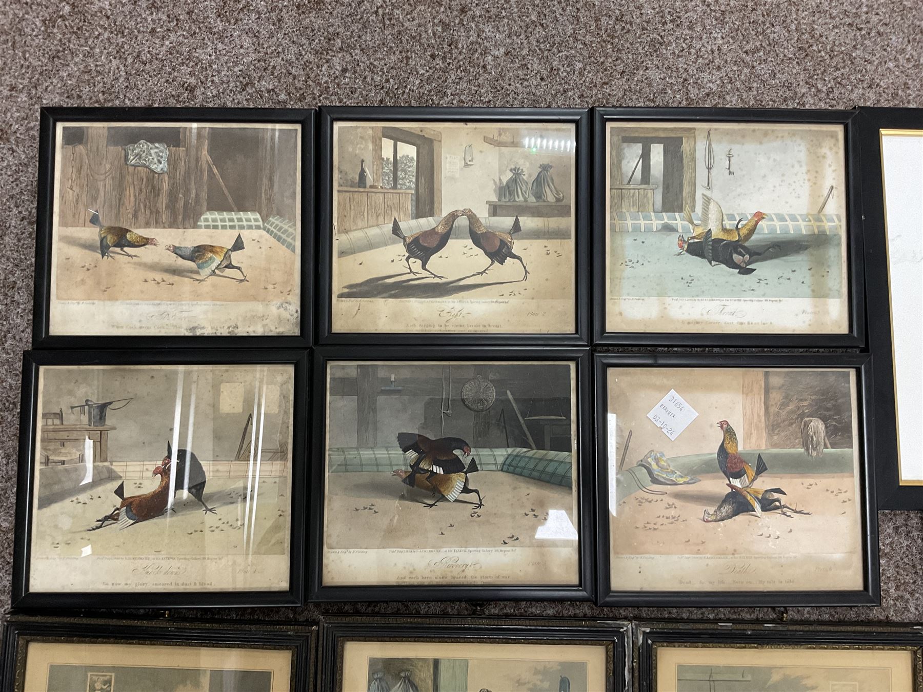 After Newton Fielding (British 1799-1856): Set of six 19th century cock fighting prints pub. Rudolph Ackermann, together with various later cock fighting prints