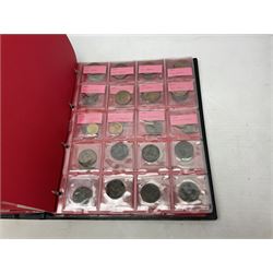 Great British and World coins, including pre decimal pennies, threepences, shillings etc, commemorative crowns, Queen Elizabeth II 1994 fifty pence in card folder, small number of Euro coins, pre Euro coinage etc and various badges or medals, in one box