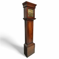 Barrett of Salop (Shrewsbury)-early 30hr provincial oak longcase clock c1730, with a flat topped hood and glazed square hood door beneath, long trunk door and a square plinth, brass dial with an engraved centre, makers name and date aperture, matching cast brass spandrels, single steel hand and engraved chapter with Roman numerals, half-hour markers and quarter-hour track, dial pinned directly to a chain driven count wheel striking movement, striking the hours on a bell. With weight and pendulum.  
