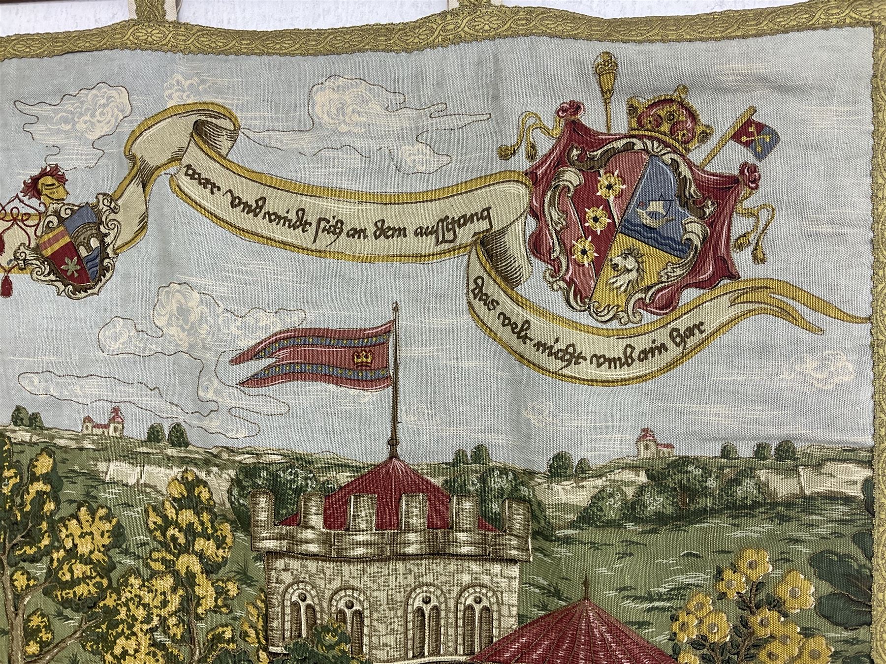 Medieval style German tapestry wall hanging suspended from carved oak pole depicting fairy-tale Rapunzel scene, H126cm W160cm approx 