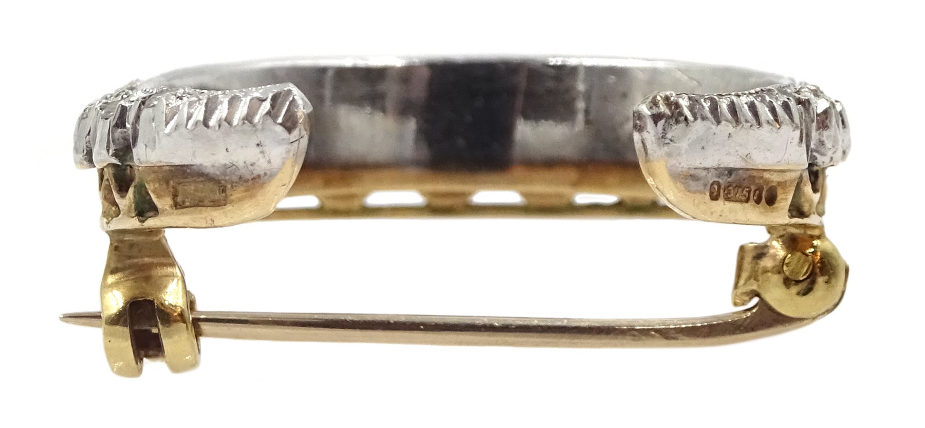 9ct white and yellow gold graduating diamond crescent moon brooch, London 1973, total diamond weight approx 0.80 carat