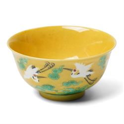 Chinese porcelain bowl, decorated with flying cranes amidst clouds and beneath a sea of waves, six character Yongzheng beneath, D10.5cm