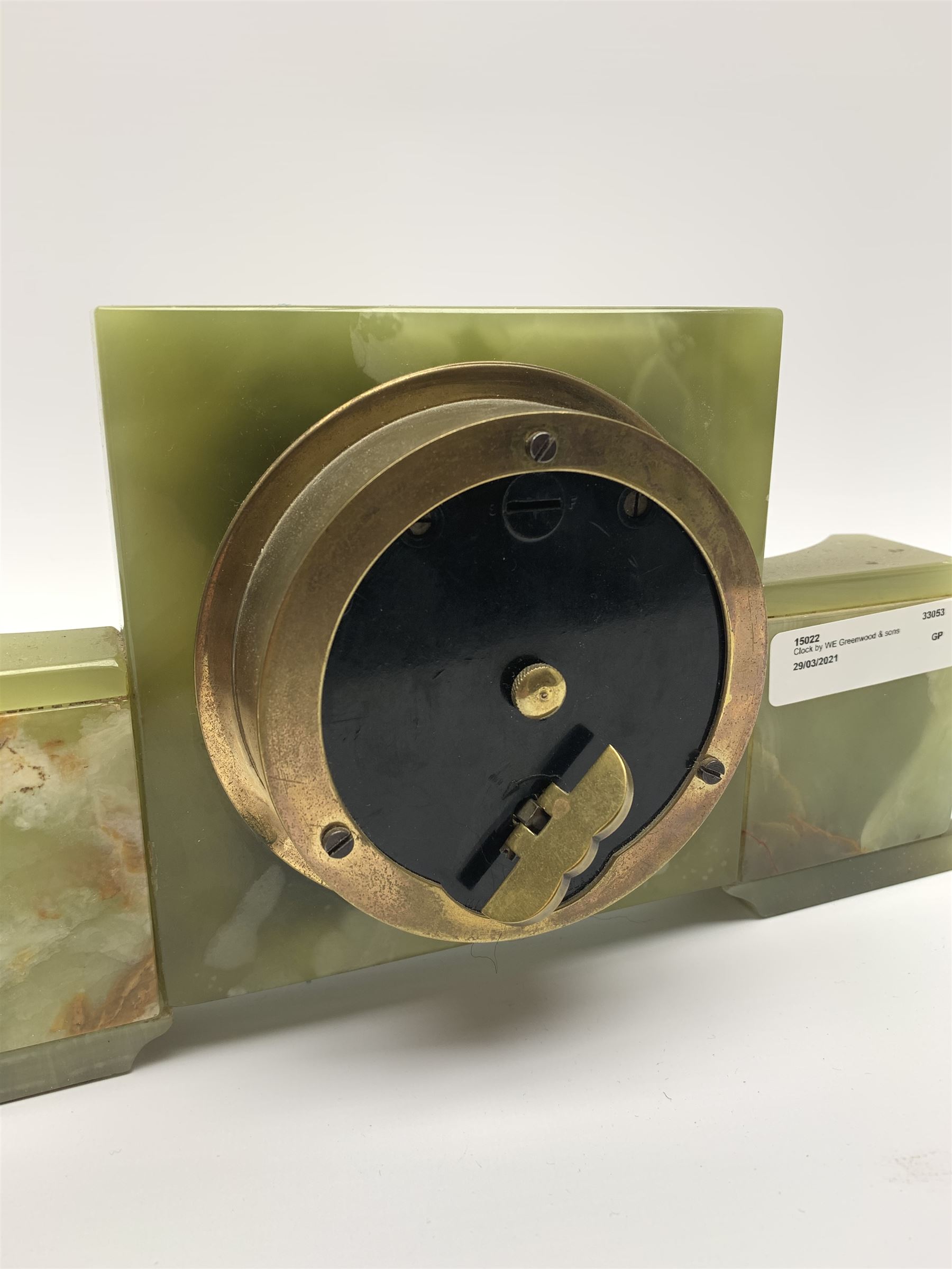 Mid to late 20th century green onyx mantel clock timepiece by 'Elliot', the square silver dial with Roman chapter ring, signed 'W. Greenwood & Sons Leeds'