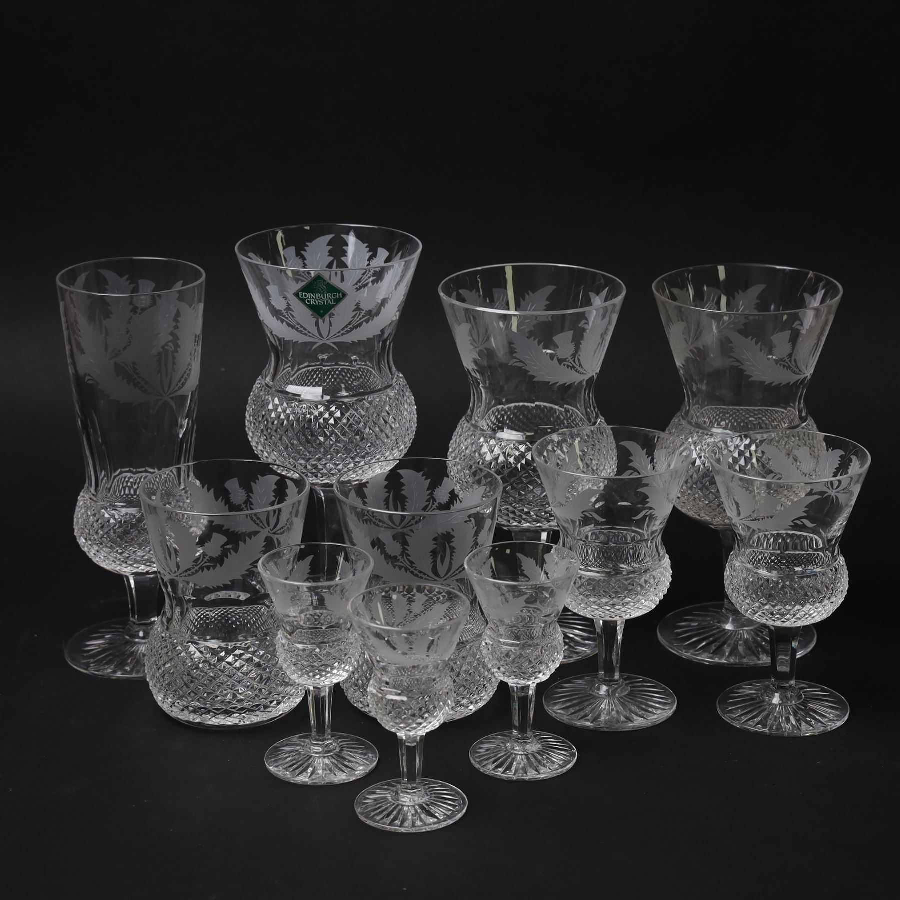 Ten Edinburgh Crystal Thistle pattern glass, comprising one red wine glass, two white wine glass, champagne flute, two port, three sherry and one tumbler