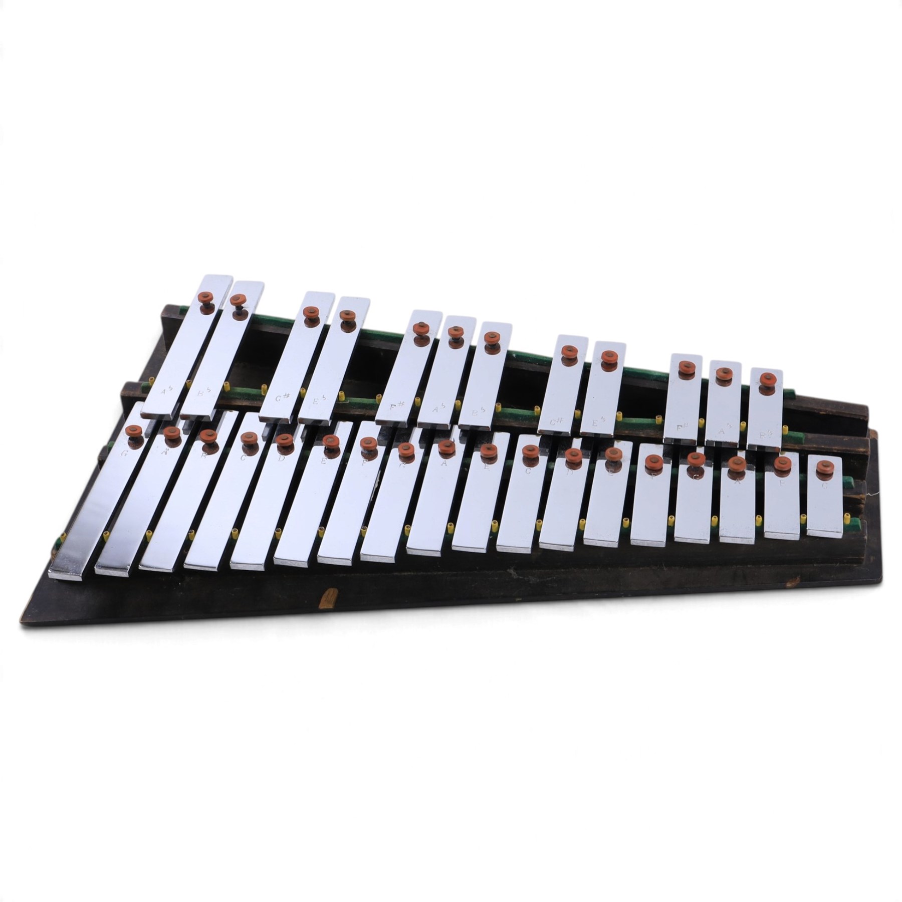 Ajax Boosey & Hawkes metal glockenspiel with black wooden frame, wooden beaters, in hard carry case