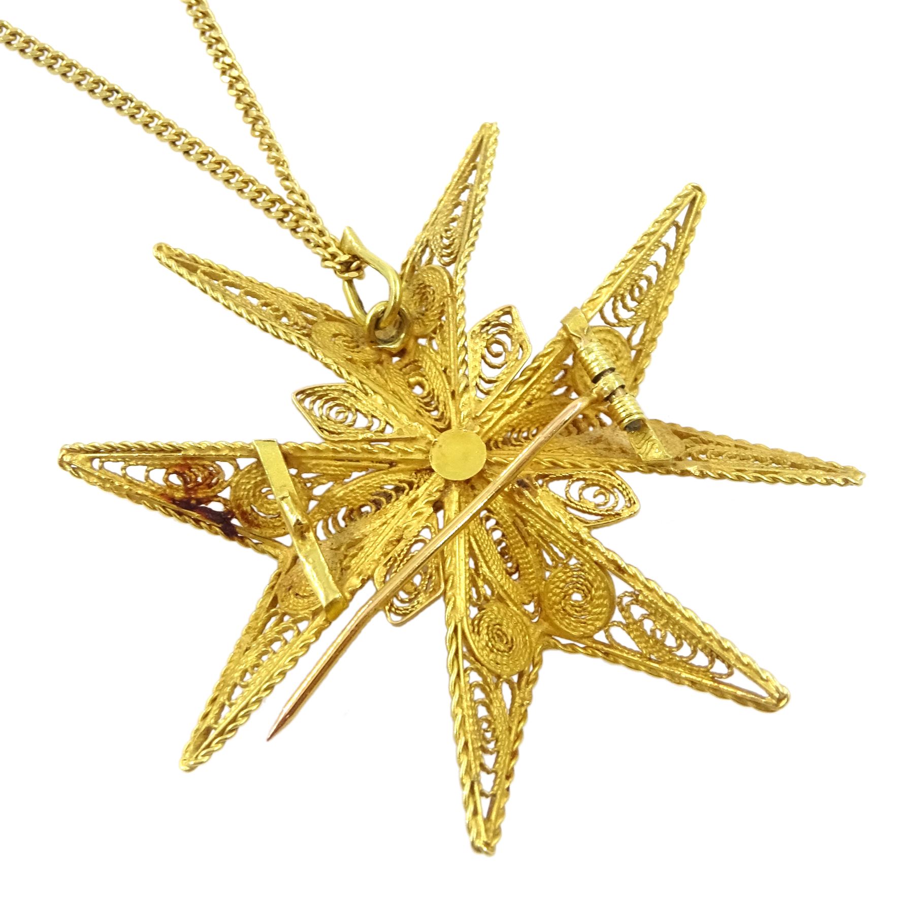 18ct gold filigree Maltese cross pendant / brooch, on 18ct gold chain necklace