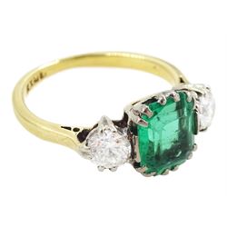Early 20th century gold three stone transitional cut diamond and octagonal cut emerald ring, stamped 18ct, emerald approx 1.65 carat, total diamond weight approx 0.50 carat