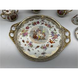 20th century Austrian style porcelain cabaret set decorated with classical scenes after Kauffmann, comprising two teacups & saucers, sucrier, teapot, milk jug and tray, L41cm 