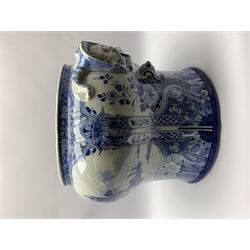Large 20th century Delft blue and white jardinière, of baluster form with twin zoomorphic mask lug handles, decorated with hand painted panels of waterside scenes, within foliate surround, impressed and painted marks beneath for De Porceleyne Fles workshop, Delft, H35cm, rim D32