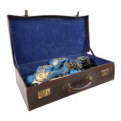 Masonic jewels, including six silver examples, hallmarked, with gavel, RAOB cuffs, apron and chain of office, in leather case with gilt initials