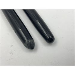 Three Swan Mabie Todd fountain pens, comprising Self Filler 3162 with black barrel and cap with single band and gold nib stamped Eternal 1 14ct, together with two Calligraph examples with gold nibs stamped 14ct, one with box, largest L12.5cm