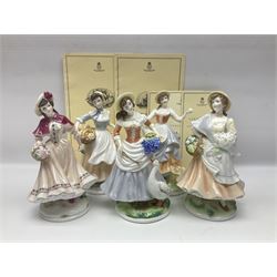 Five Royal Worcester figures, comprising Market Day, Noelle, Bakers Wife, Goose Girl and Fruit Picking, all with printed marks beneath and some with certificates of authentication  