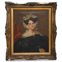 Wyatt Pratt (British early 19th century): 'Portrait of Marie Benson née Scott', Wearing a Black Gown with Lace Bonnet and Collar, oil on canvas unsigned, inscribed and dated 1835 on label verso 75cm x 62cm 
Provenance: bequeathed to Colonel Sackville Hamilton