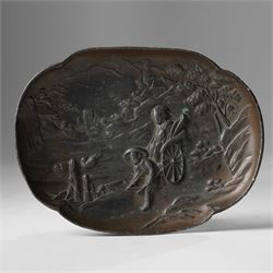 Japanese bronze tray, decorated in relief with two travellers in a landscape, W15cm 