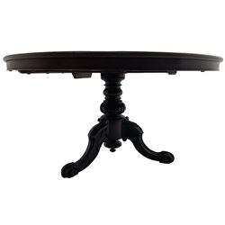 Victorian mahogany breakfast table, the circular tilt-top on carved pedestal, three moulded supports carved with bellflowers and scrolled terminals 