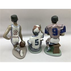 Lladro Sports Player set, comprising Basketball Star no 6136, Baseball Star no 6137 and Football Star 6135, all with original boxes, largest example H23cm