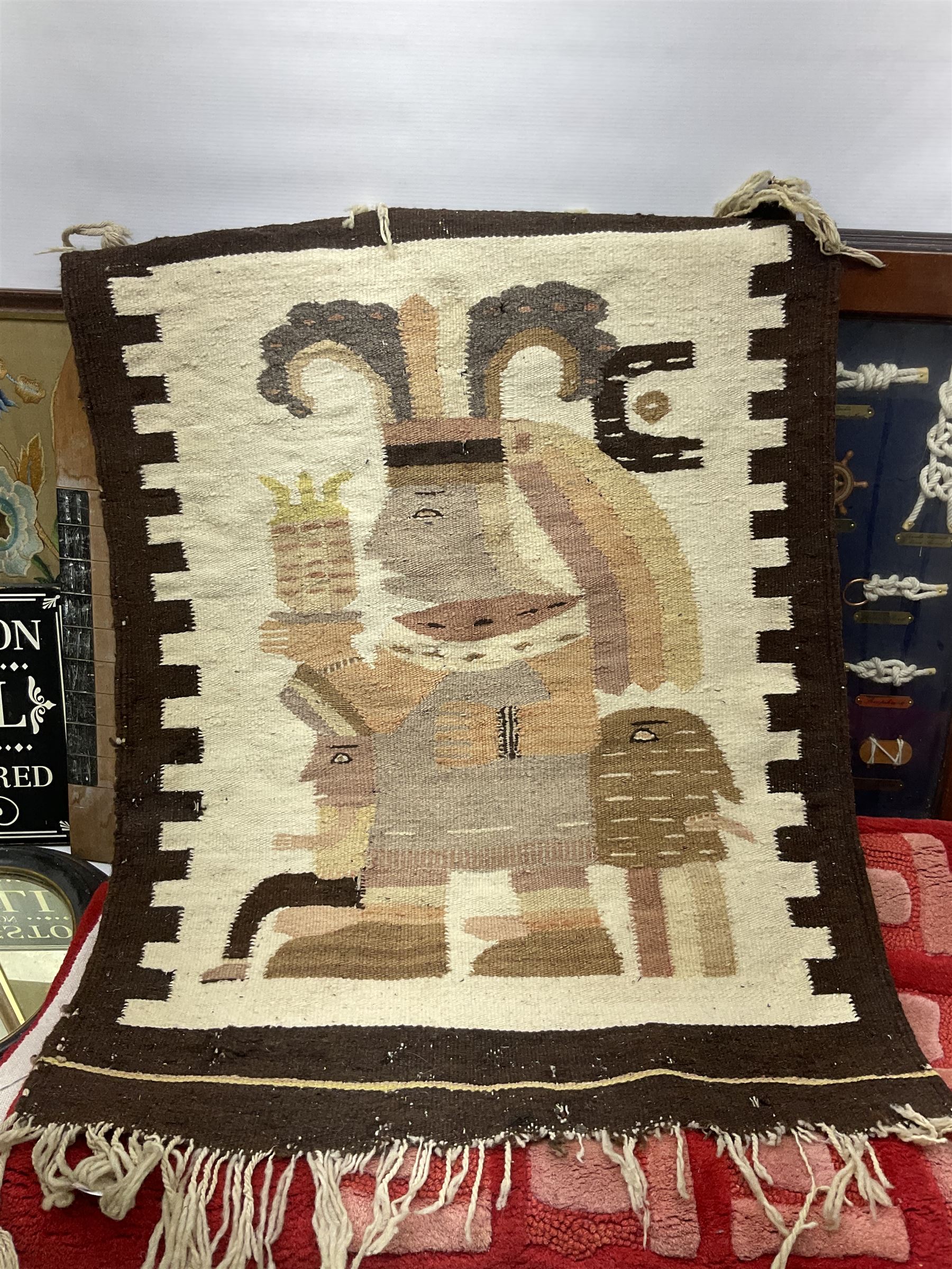 Shove ha'penny board, together with a maritime diorama, small oval mirror, rugs etc